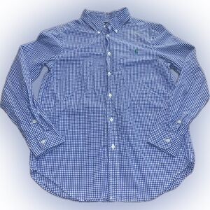 Ralph Lauren Blue White Checker Plaid Gingham Boys Youth Collar Button Shirt L